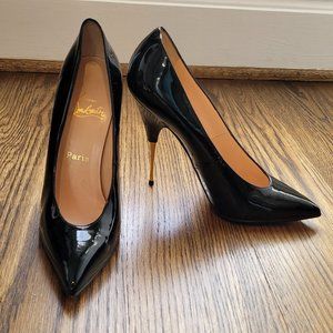 Christian Louboutin Black Patent Leather Gold Stilettos Red Bottoms Size 39